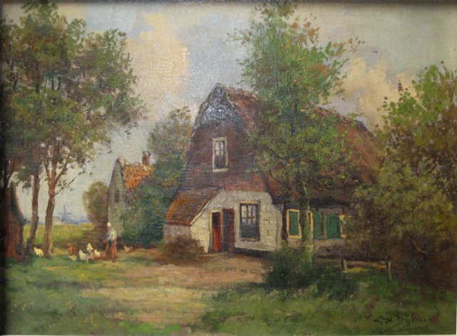 Boederij, boerin met kippen, schuurtje en molen