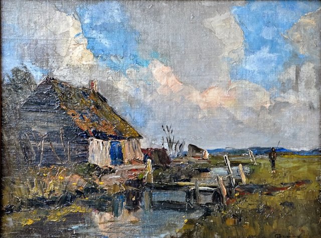 Boerderijtje met bruggetje en boer