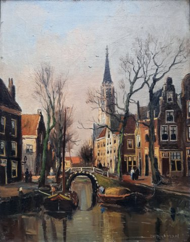 1291, Stadsgezicht met kerktoren en brug