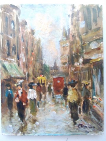 Winkelstraat met tram en koets